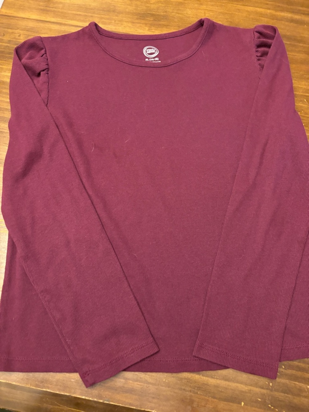 wonder nation Long Sleeve Ribbed Top with Puff Shoulders - Burgundy
